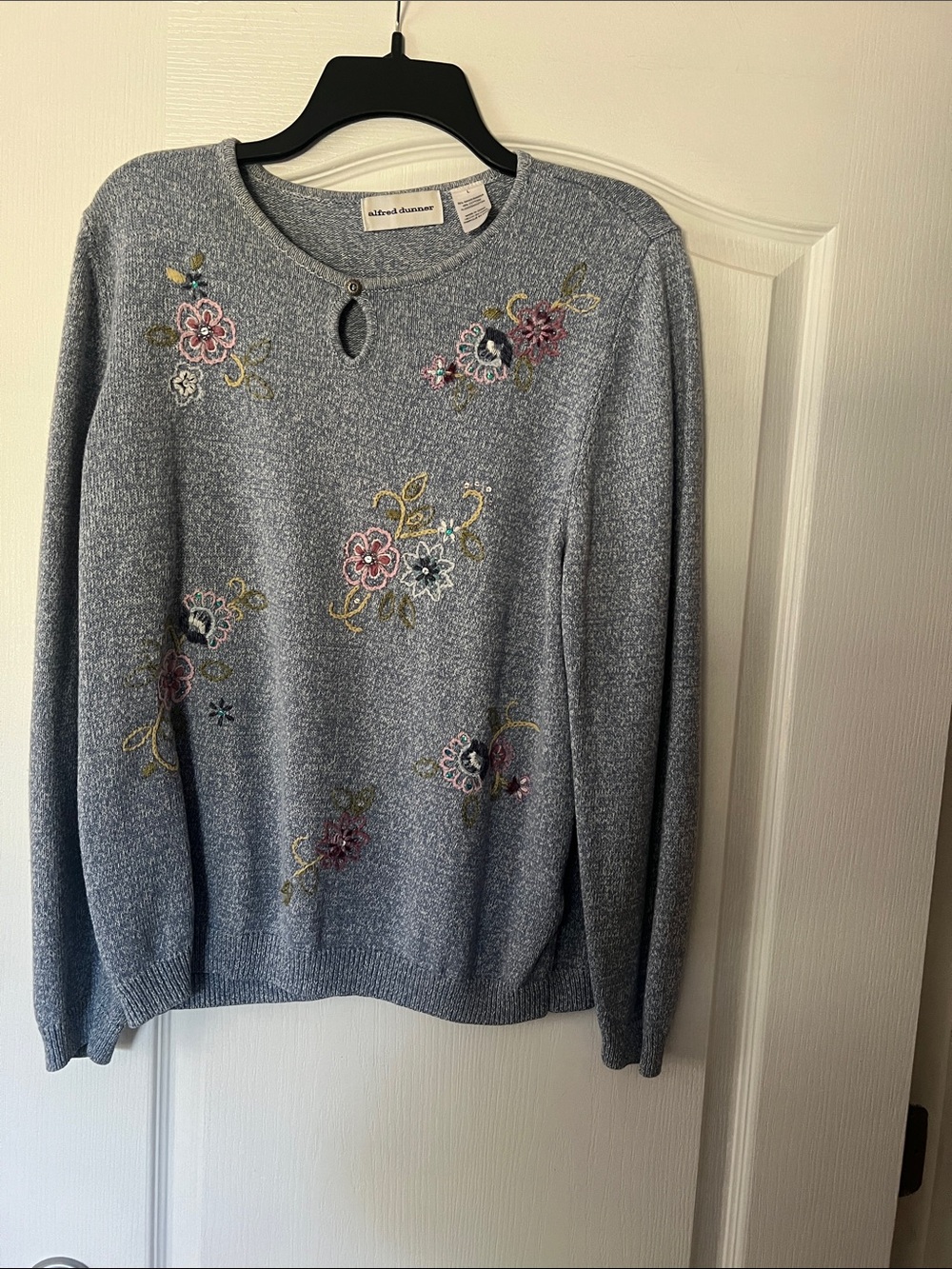 Alfred Dunner Blue Floral Embroidered Crewneck Sweater